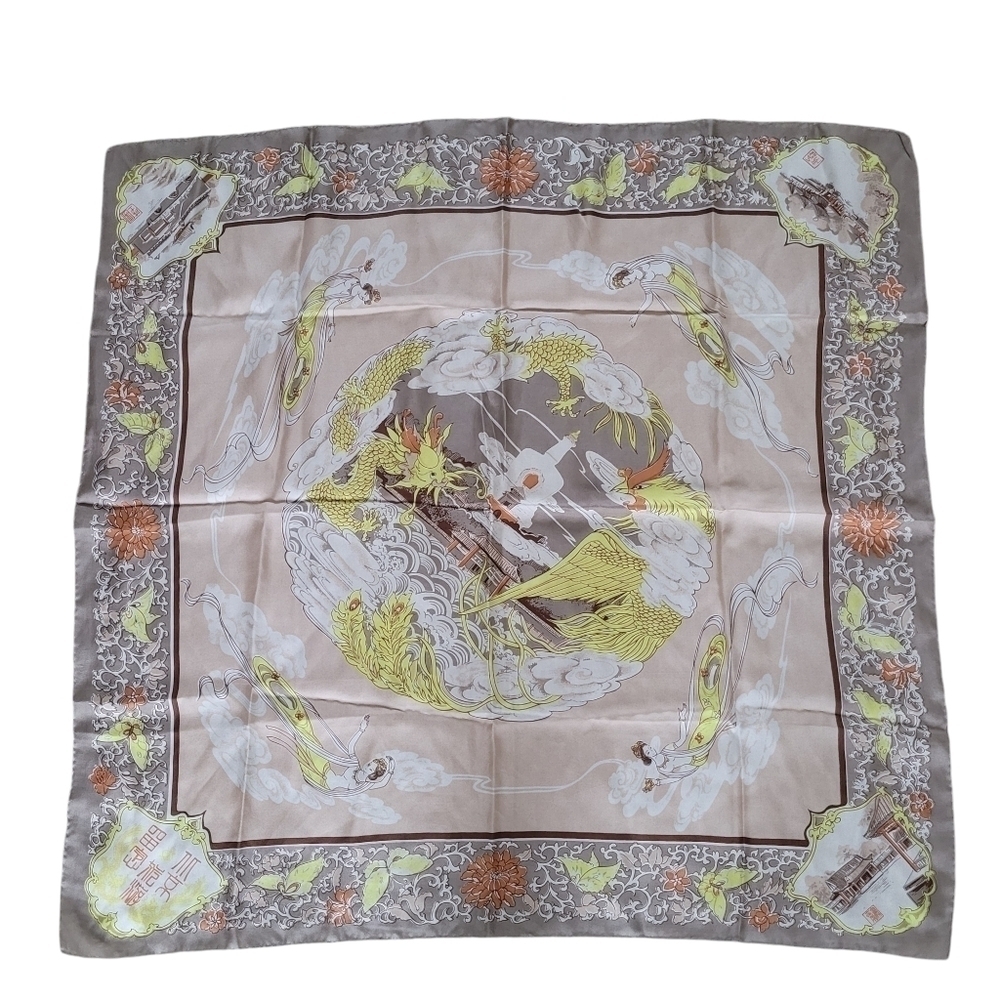 Delicate Silk Scarf Pastel Colours Traditional Asian Phoenix & Dragon Print